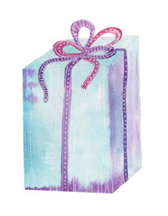 Holiday gift box with ribbon bow. Hand drawn water color illustration, white background, cut out isolated on white.