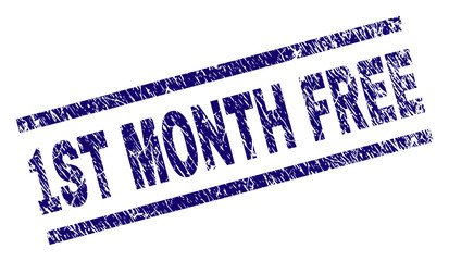 1ST MONTH FREE seal print with distress style. Blue vector rubber print of 1ST MONTH FREE title with dirty texture. Text title is placed between parallel lines.