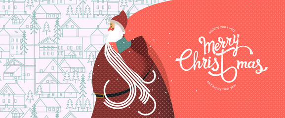 Wishing you a very Merry Christmas and Happy New year. Santa Claus with a big bag, winter calligraphy and pattern background. Vector illustration.