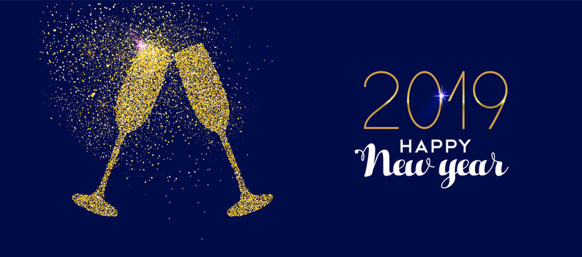 Happy New Year 2019 gold glitter glass toast