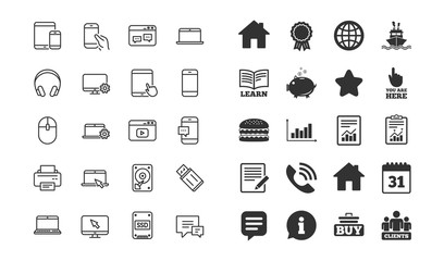 Mobile Device line icons. Set of Laptop, Tablet PC and Smartphone signs. HDD, SSD and Flash drives. Headphones, Printer and Mouse symbols. Mobile laptop device vector