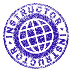 INSTRUCTOR stamp print with distress texture. Blue vector rubber seal print of INSTRUCTOR label with scratched texture. Seal has words arranged by circle and planet symbol.