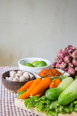 Fresh herbs and spices (chili, pepper, lettuce, lemon, cucumber, shallot)