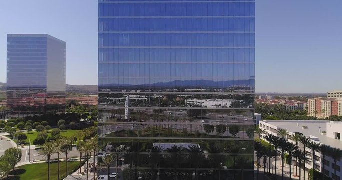 Aerial view of urban office corporate buildings in city.