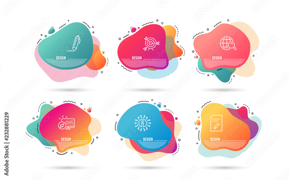 Poster dynamic liquid shapes. set of internet search, target and edit document icons. signature sign. web f