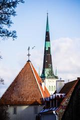Winter. Old Town of Tallinn, Estonia, on a clear sunny day. St. Olaf's Church close-up