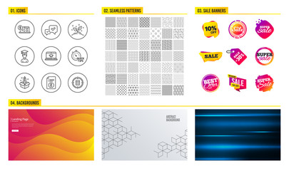 Seamless pattern. Shopping mall banners. Set of Startup, Website education and Approve icons. Online accounting, Technical info and Startup concept signs. Vector