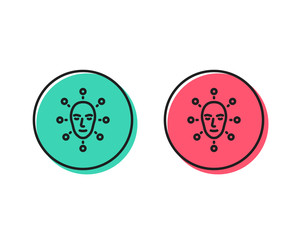 Face biometrics line icon. Facial recognition sign. Head scanning symbol. Positive and negative circle buttons concept. Good or bad symbols. Face biometrics Vector