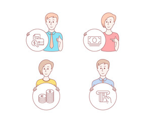 People set of Currency, Cash money and Accounting report icons. Credit card sign. Euro and usd, Banking currency, Financial case. Atm payment. Character hold circle button. People vector