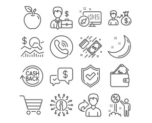 Set of Cashback refund, Check investment and Market sale icons. Sallary, Businessman case and Discount signs. Wallet, Payment received and Payment symbols. Refund commission, Business report. Vector