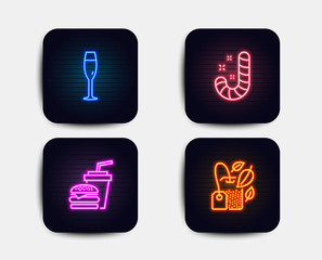 Neon set of Candy, Champagne glass and Hamburger icons. Mint bag sign. Lollypop, Winery, Burger with drink. Mentha tea. Neon icons. Glowing light banners. Candy vector
