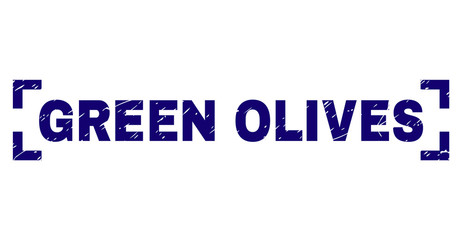 GREEN OLIVES text seal print with distress style. Text caption is placed inside corners. Blue vector rubber print of GREEN OLIVES with retro texture.