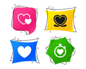 Heart ribbon icon. Timer stopwatch symbol. Love and Heartbeat palpitation signs. Geometric colorful tags. Banners with flat icons. Trendy design. Vector