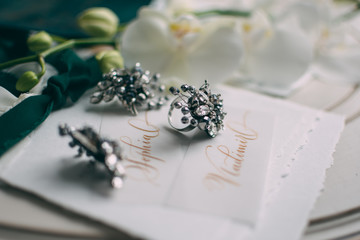 Wedding floristics and details. Wedding invitations. Orchid. Boutonniere for the groom. Wedding rings. Butterfly