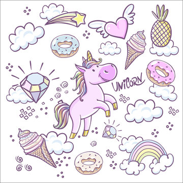Fashion patch badges with, donuts rainbow, confetti and other elements.Vector background with stickers, pins