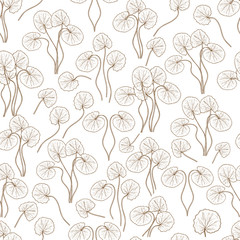 Gotu kola. Leaves, stem. Background, wallpaper, seamless. Sketch. Monochrome. Can be used for fabric, postcards.