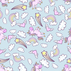 Seamless pattern with unicorns, donut rainbow, confetti, diamond and other elements. Vector background with labels, pins