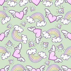Seamless pattern with donuts, rainbow, heart with wings, precious diamond, Can be used for background images, web pages, surface textures