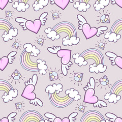 Seamless pattern with donuts, rainbow, heart with wings, precious diamond, Can be used for background images, web pages, surface textures