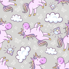 Seamless pattern with unicorns, donut rainbow, confetti, diamond and other elements. Vector background with labels, pins