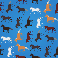 Horses run and trot on blue bacground seamless pattern