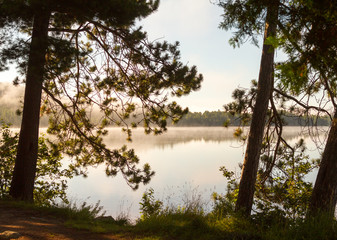 Dawn mist over calm lake