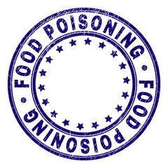 FOOD POISONING stamp seal watermark with grunge texture. Designed with round shapes and stars. Blue vector rubber print of FOOD POISONING tag with dirty texture.