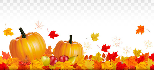 Happy Thanksgiving card with autumn vegetables and fruit on transparent background. Vector.