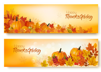 Naklejka na ściany i meble Set of Happy Thanksgiving banners with autumn vegetables and colorful leaves. Vector.