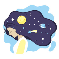 Pretty girl with cosmos in her lush hair. Vector flat illustration.