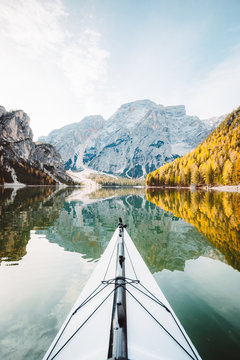 Kayak on alpine lake in fall