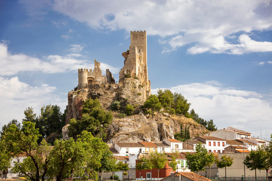 a view of the suburb of Almansa city and ruins of the ancient castle, province of Albacete, Spain
