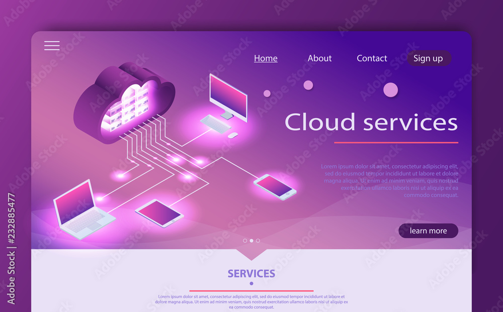 Poster isometric cloud computing services concept. concepts cloud storage.
