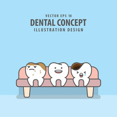 Three condition of teeth character sit on the couch illustration vector on blue background. Dental concept.