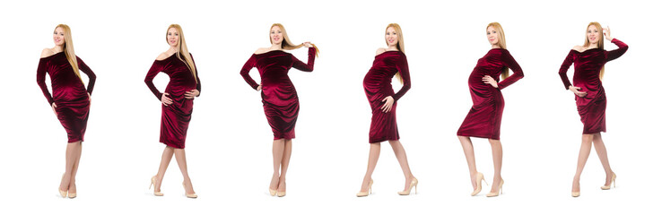 Pretty pregnant woman in red dress isolated on white