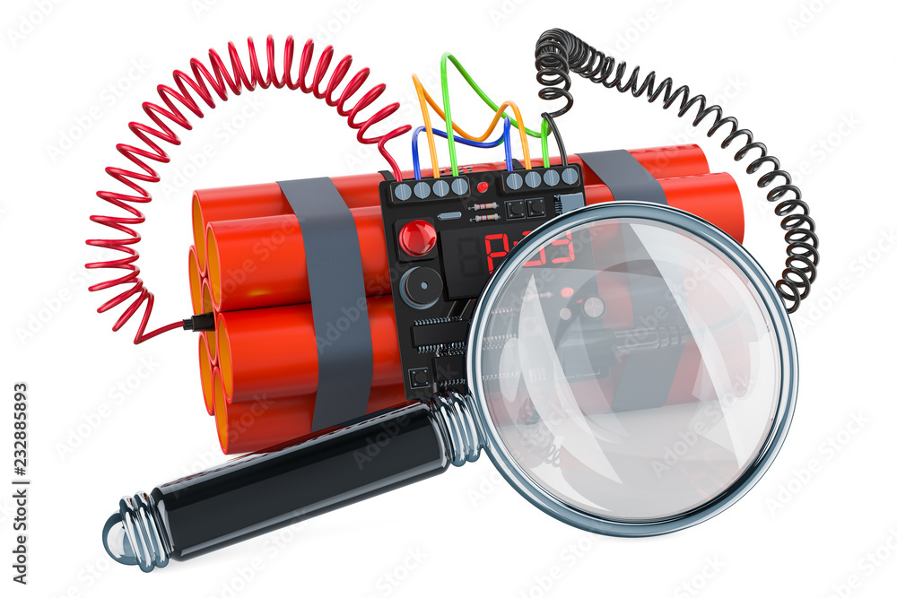 Poster magnifier with timer bomb, 3d rendering