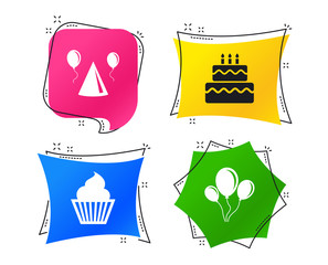 Birthday party icons. Cake, balloon, hat and muffin signs. Celebration symbol. Cupcake sweet food. Geometric colorful tags. Banners with flat icons. Trendy design. Vector