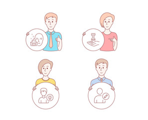 People set of Face cream, Time hourglass and Person idea icons. Edit user sign. Gel, Sand watch, Lamp energy. Profile data. Character hold circle button. Man with like hand. People vector