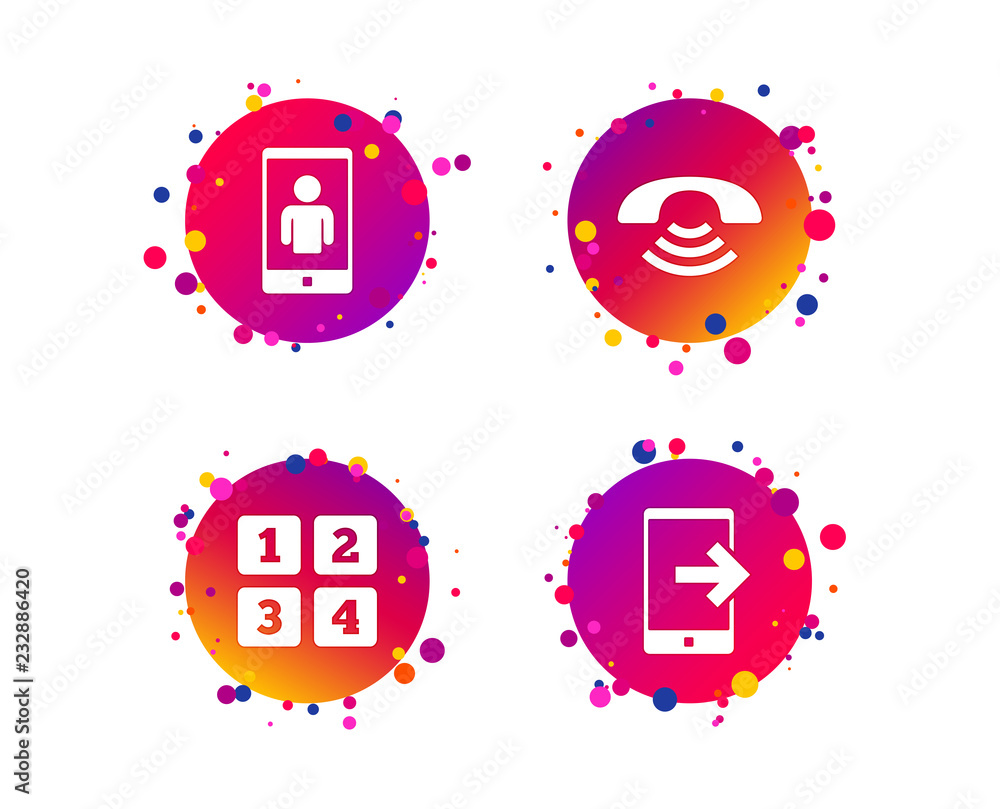 Poster phone icons. smartphone video call sign. call center support symbol. cellphone keyboard symbol. grad
