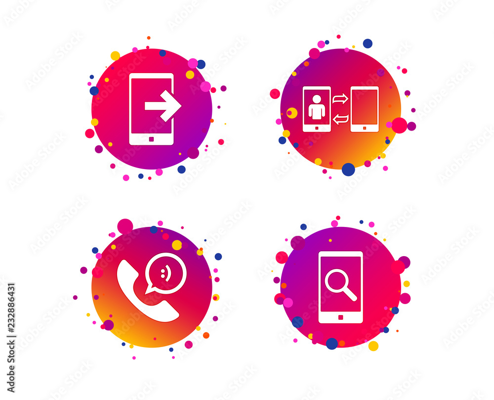 Poster phone icons. smartphone with speech bubble sign. call center support symbol. synchronization symbol.