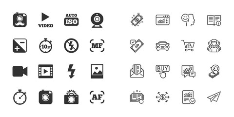 Set of Photo and Video icons. Camera, timer and frame signs. No flash and Auto focus symbols. Paper plane, report and shopping cart icons. Group of people. Video vector