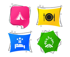 Food, sleep, camping tent and fire icons. Knife, fork and dish. Hotel or bed and breakfast. Road signs. Geometric colorful tags. Banners with flat icons. Trendy design. Vector