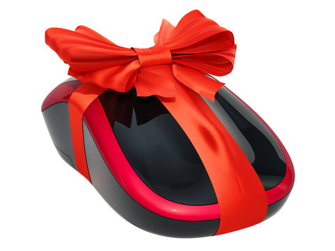 Wireless Computer Mouse wrapped ribbon and bow, gift concept. 3D rendering