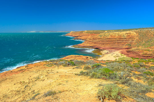 Aerial view of Pot Alley from Eagle Gorge Lookout in Kalbarri National Park, Western Australia. The ocean gorge shows spectacular ocean scenery amidst the rugged gorges. Coral coast, Indian Ocean.