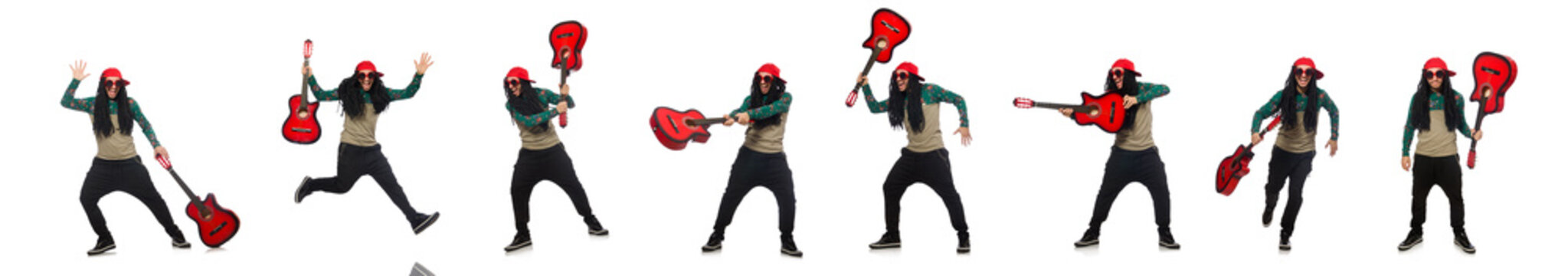 Man with guitar in musical concept on white