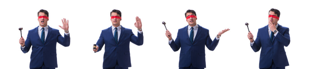 Lawyer with blindfold holding a gavel isolated on white