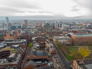 Obraz premium Leeds town centre aerial photo taken on a partly cloudy day.