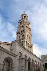 Fototapeta na wymiar Saint Domnius bell tower is a historic landmark in Split, Croatia. Split is popular coastal travel destination.