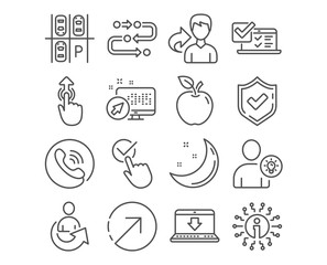 Set of Methodology, Internet downloading and Direction icons. Checkbox, Swipe up and User idea signs. Online survey, Share and Parking place symbols. Development process, Load data, Navigation pointer