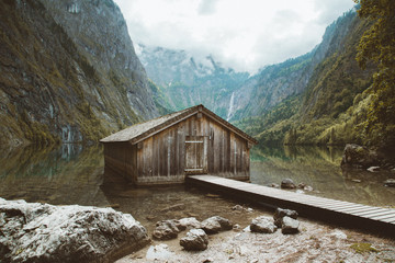 Old boat house at Lake Obersee, Bavaria, Germany